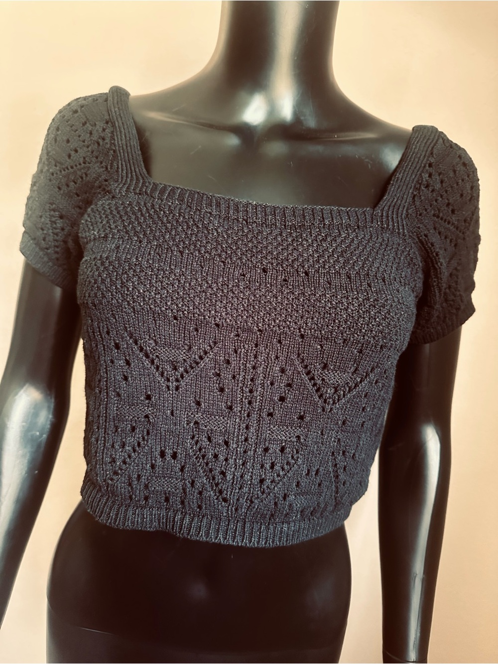 Freshman 1996 Black Pointelle Knit Square-Neck Crop Top - Picture 2 of 11